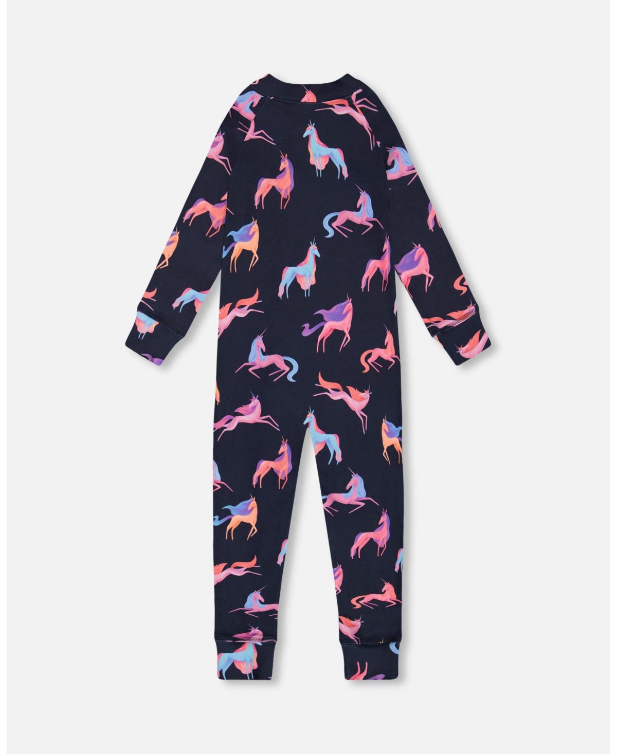 Deux par Deux Toddler Girls One Piece Thermal Underwear- Navy printed unicorn