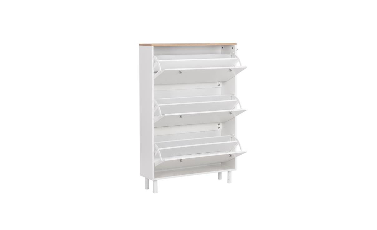 Narrow Shoe Cabinet with 3 Flip Drawers & Wood Grain Top - Free Standing White Entryway Organizer with Hooks & Adjustable Panel - White