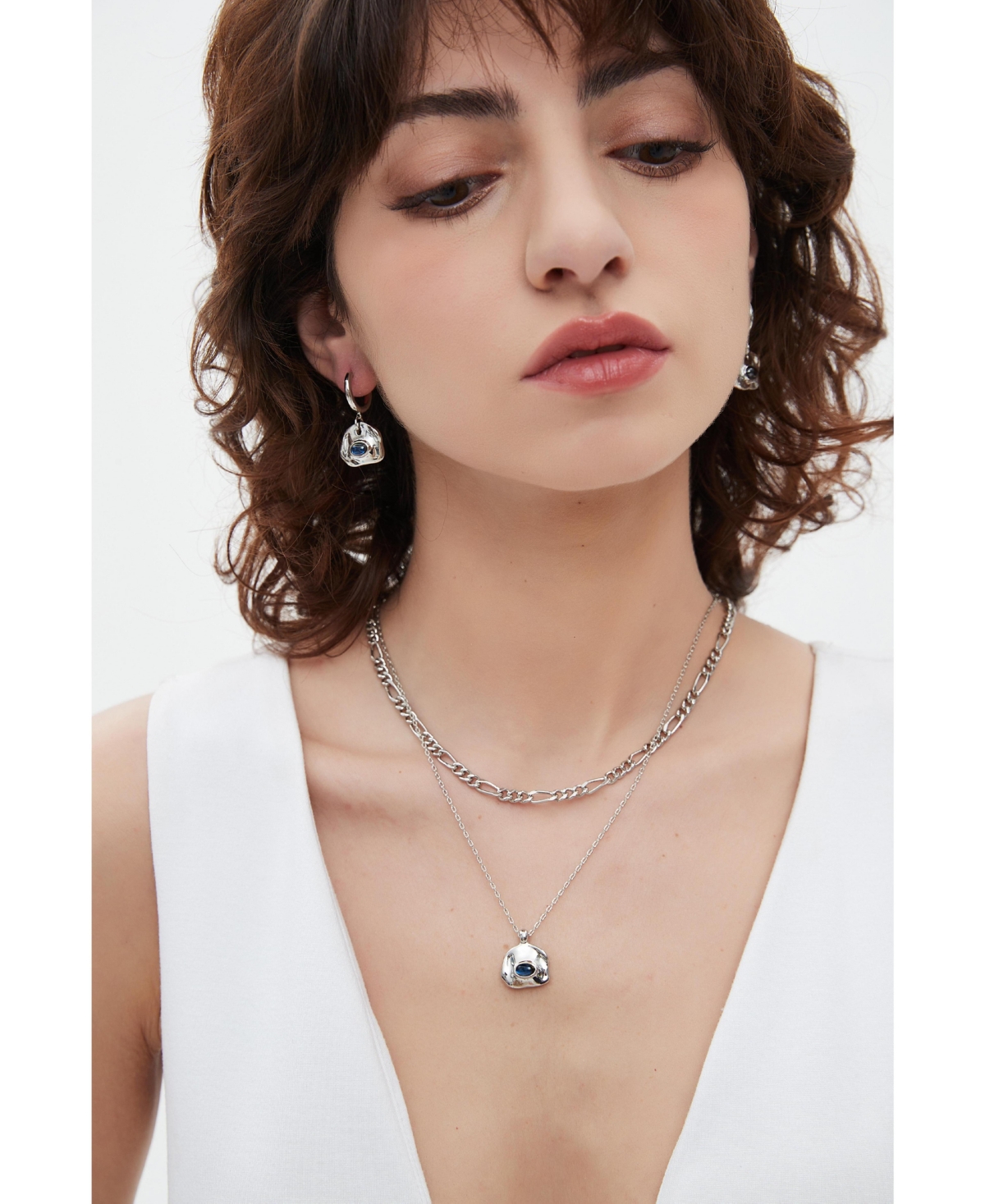 Classicharms Aria Gemstone Pendant Necklace and Figaro Chain Layering Set -royal blue