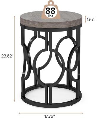 Round Industrial End & Side Table with Metal Hollow Frame, Small Bedside Table Nightstand