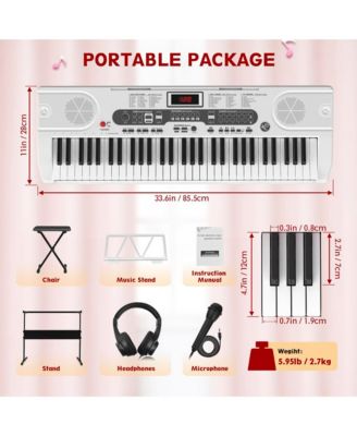 White 61 Keys Keyboard Piano, Electric Digital Piano Set with Stand, Bench, Headphones, Built-in Speakers