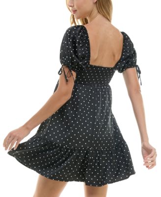 Juniors' Dot Print Puff-Sleeve A-Line Dress