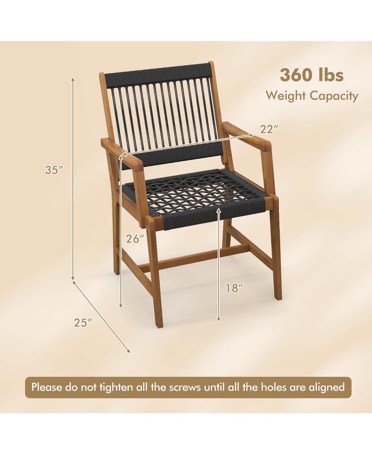 Gymax Patio 4PCS Acacia Wood Dining Chairs All-Weather Rope Woven Armchairs Outdoor - Black+natural