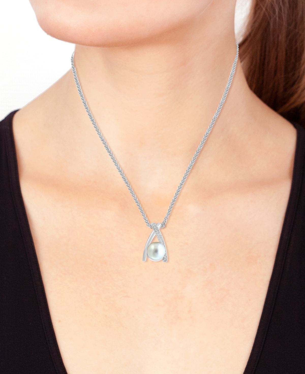 Effy Collection Effy Cultured Freshwater Pearl (8mm) & Diamond (1/20 Ct. T.w.) Crisscross 18" Pendant Necklace In St In Sterling Silver