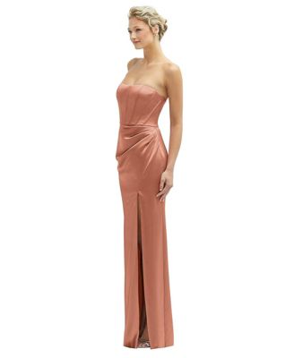 Women's Strapless Topstitched Corset Satin Maxi Dress with Draped Column Skirt