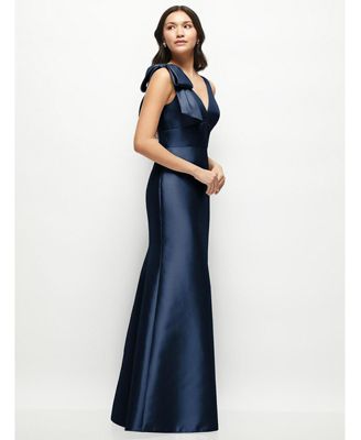 Women's Deep V-back Satin Trumpet Dress with Cascading Bow at One Shoulder
