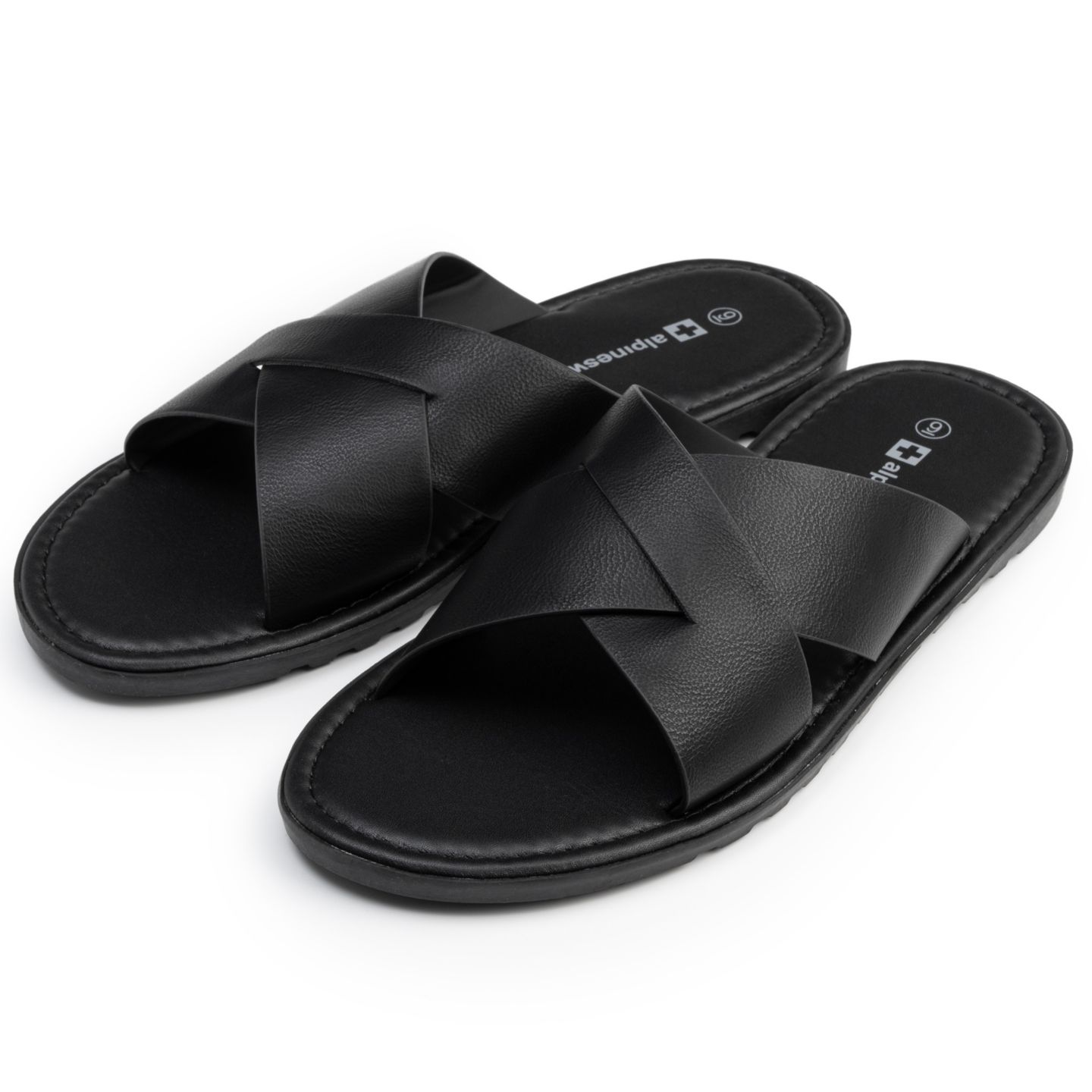 Мужские сандалии Alpine Swiss Hugo Faux Leather Slide Sandals Indoor Outdoor Anti-Slip Shoe Cross Strap Design Flip Flops, цвет: Чёрный — фото 3