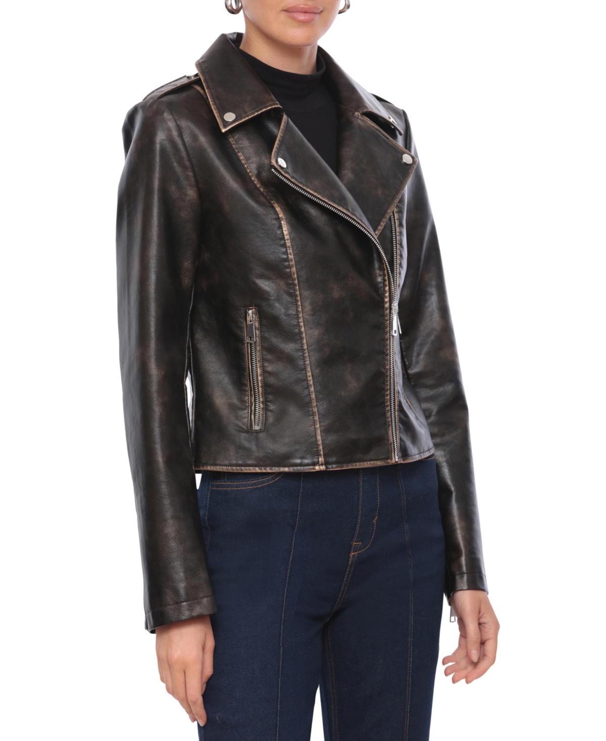 Bagatelle Collection Women's Metallic Contrast Faux Leather Biker Jacket - Black-gold