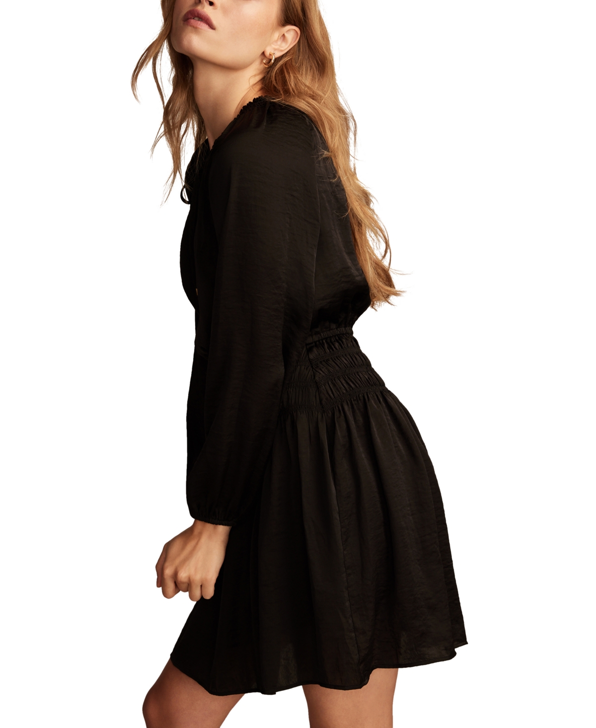 Shop Lucky Brand Women's Satin Smocked-trim Mini Dress In Black
