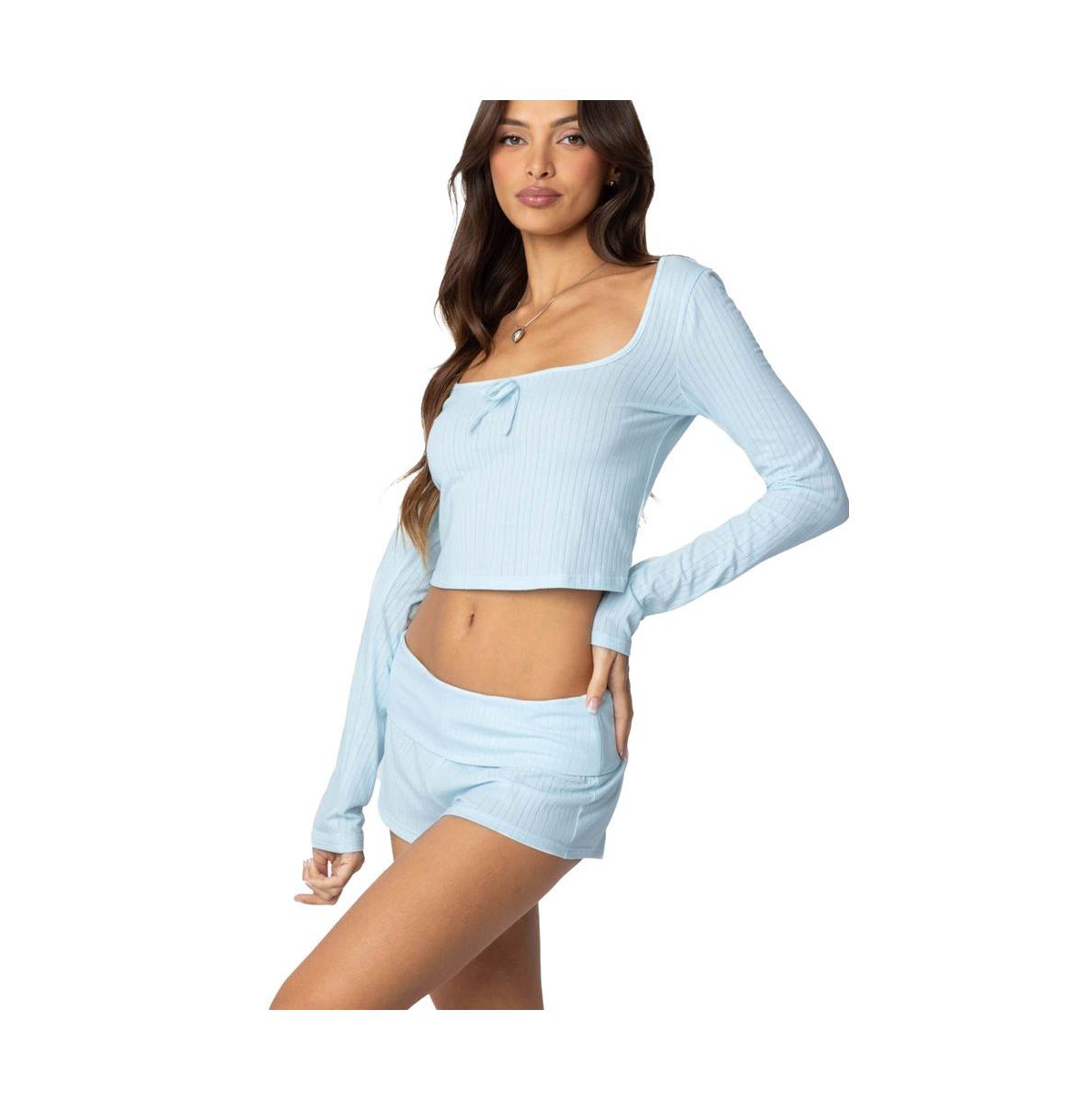 Edikted Women's Lucilla Wide Neck Ribbed Top - Light-blue