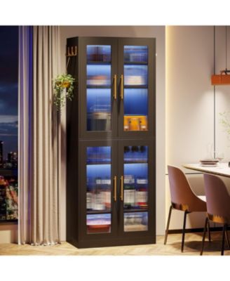 Bookcase with Doors and LED Light, 67-inch Tall  Bookshelf with 8-Tier Adjustable Shelves and Hanging Hooks, Freestanding Storage Cabinet