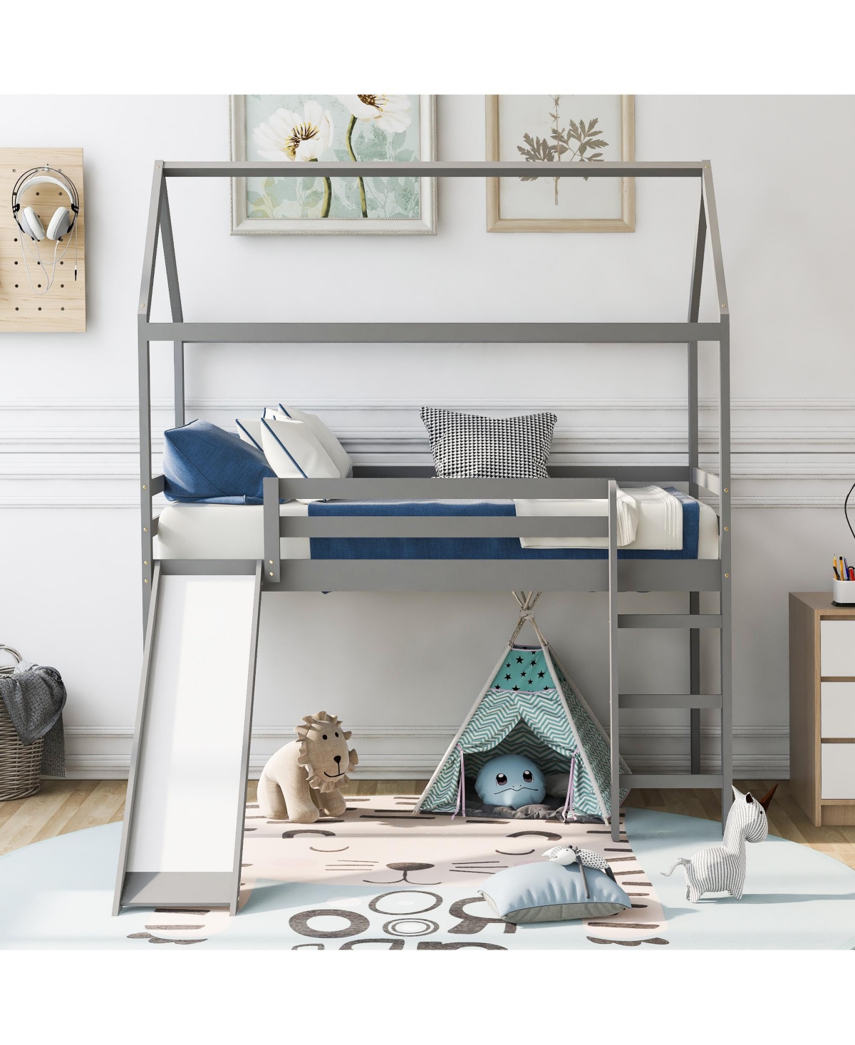 Slickblue Twin Loft Bed with Slide - Fun House Bed Design for Kids' Bedrooms, Perfect for Playtime and Sleepovers