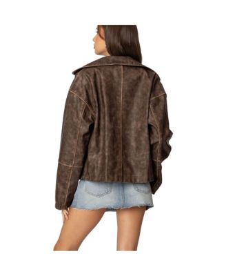 Womens Oversized Washed Faux Leather Jacket