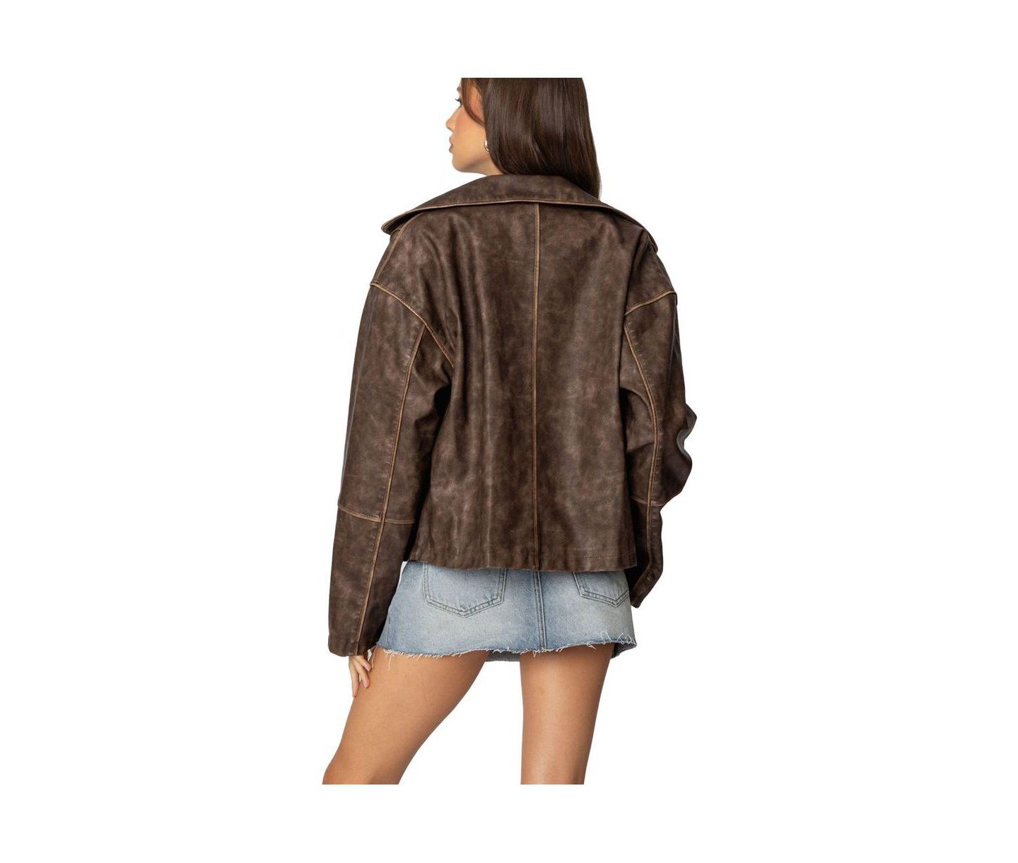 Женская куртка Edikted Oversized Washed Faux Leather, цвет: Коричневый потёртый — фото 3