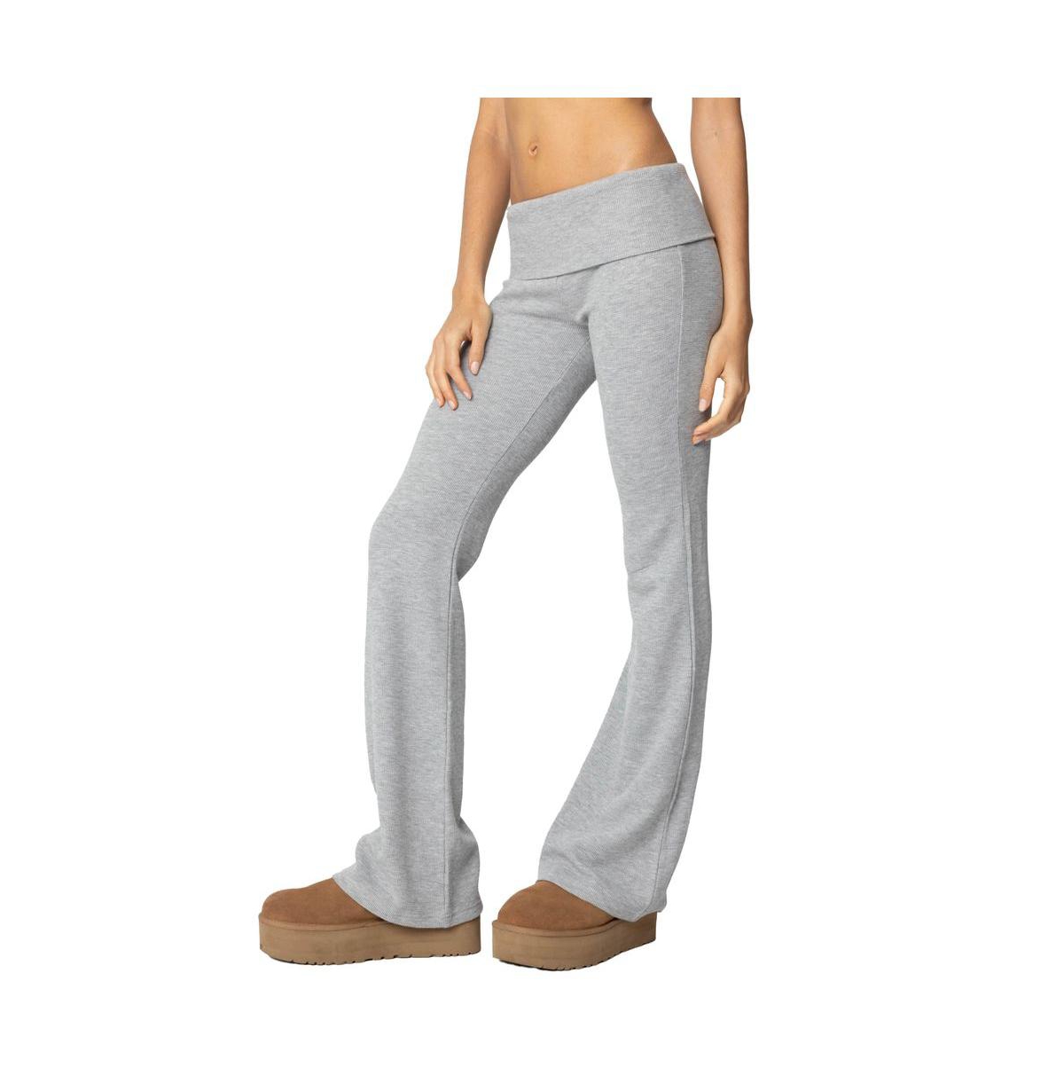Edikted Women's Sab Fold Over Waffle Knit Pants - Gray-melange