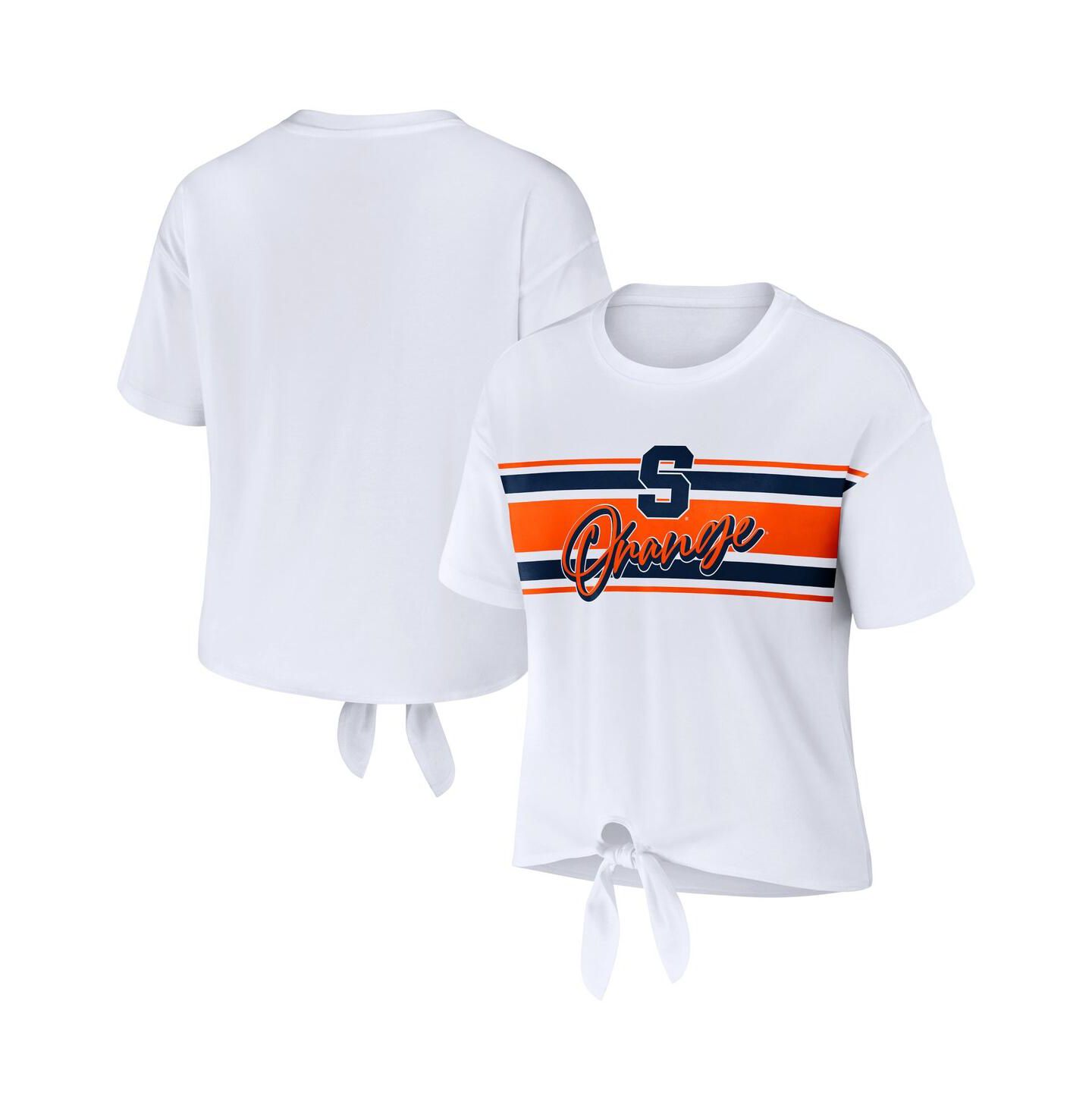 Женская футболка WEAR by Erin Andrews White Syracuse Orange Striped Front Knot Cropped — фото 1