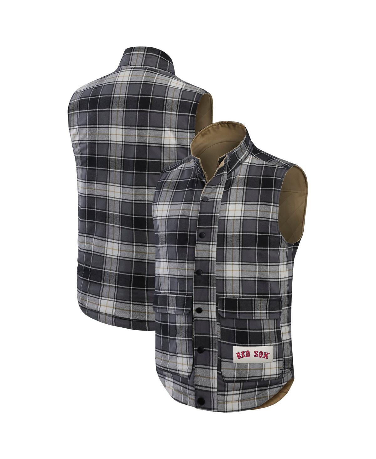 Darius Rucker Collection by Fanatics Men'sCharcoal Boston Red Sox Reversible Canvas Plaid Patch Full-Zip Vest - Tan, Charcoal