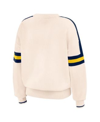 Women's Cream Michigan Wolverines Chenille Woven Patch Stripe Pullover Sweatshirt