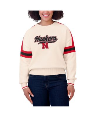 Women's Cream Nebraska Huskers Chenille Woven Patch Stripe Pullover Sweatshirt