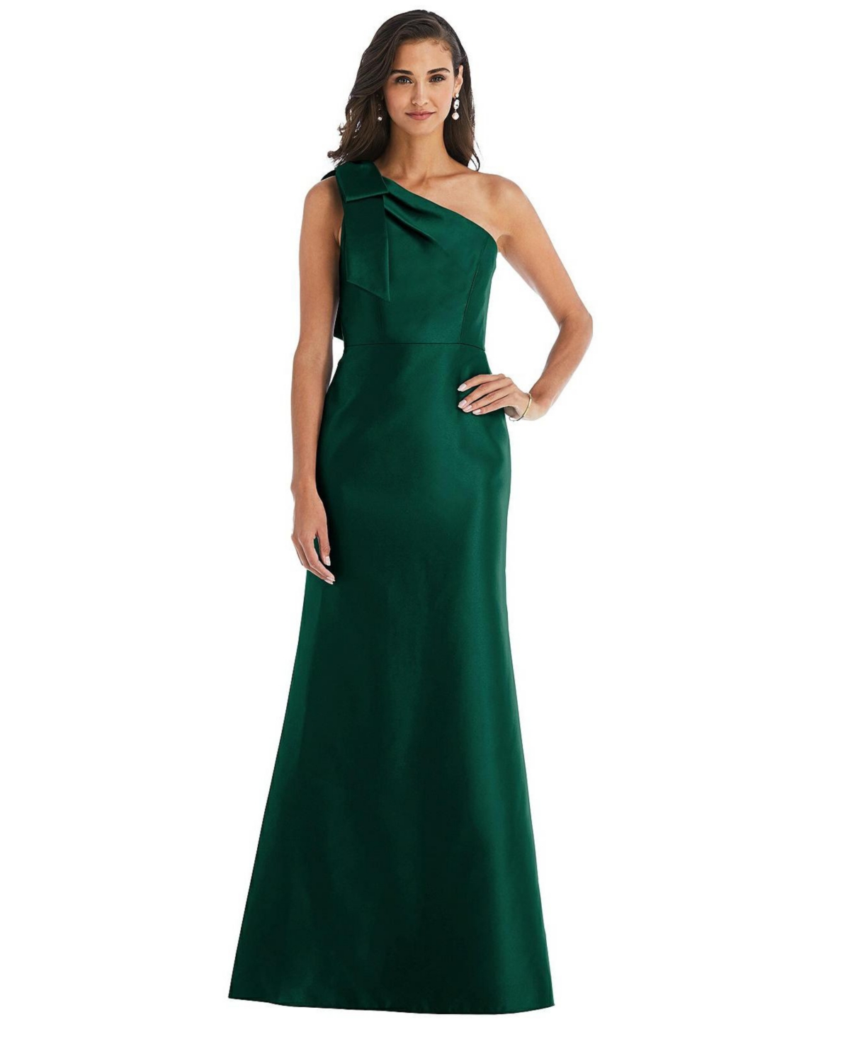 Plus Size Bow One-Shoulder Satin Trumpet Gown - Midnight navy