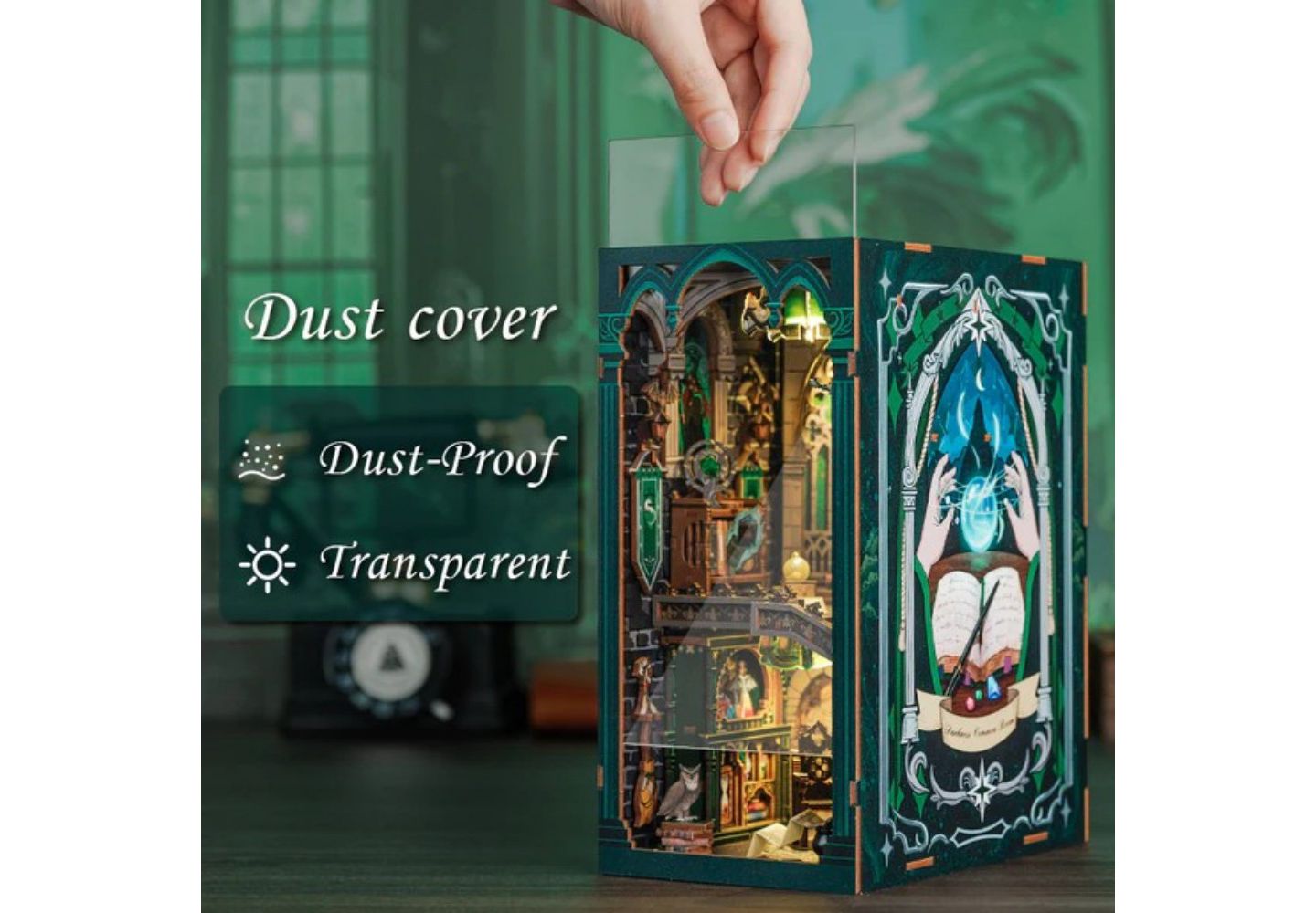 Детские куклы Cutebee Darkness Common Room DIY Book Nook Kit with LED Light, Premium Wood, Ages 14+, цвет: Зелёный — фото 2