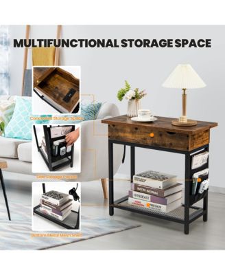 End Table with USB Charging Station, Flip Top, Side Pocket – Industrial Nightstand