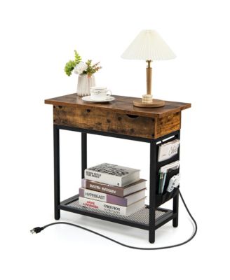 End Table with USB Charging Station, Flip Top, Side Pocket – Industrial Nightstand