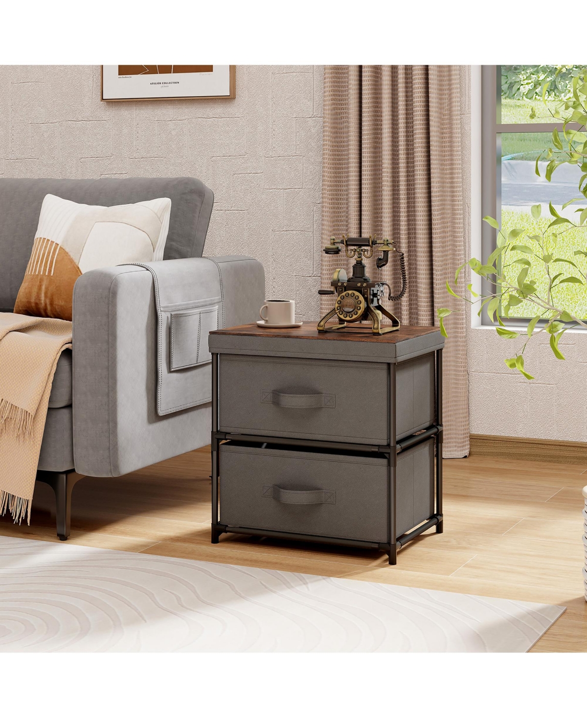 Gymax 2 Drawer Dresser Fabric Storage Organizer Nightstand Bedside Sofa Table Grey & Rustic Brown
