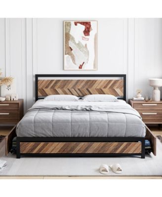 Full Size Rustic Vintage Metal Bed Frame with Headboard, 4 Storage Drawers, Strong Metal Slats for Support