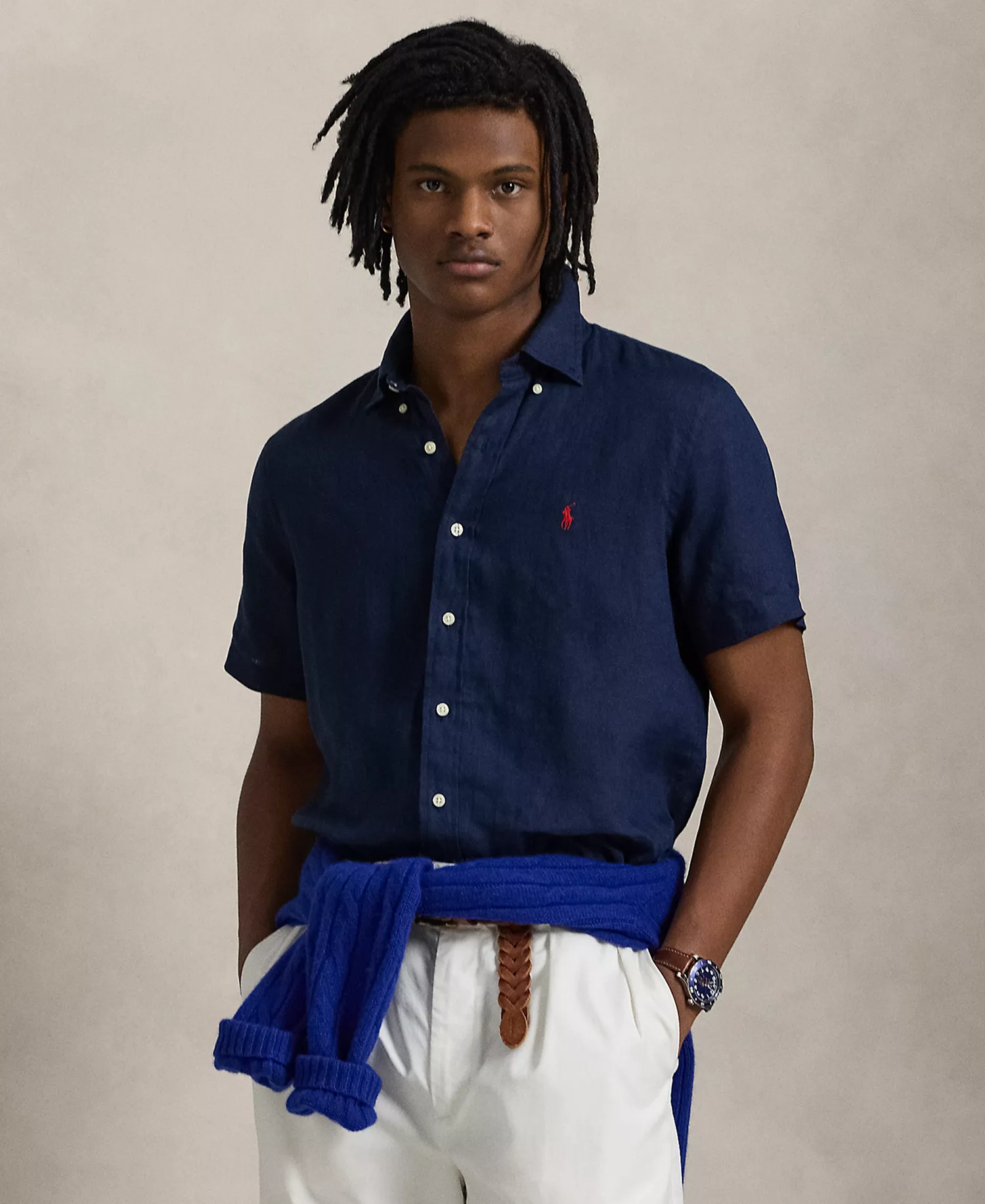Model wearing Newport Navy Polo Ralph Lauran Short-Sleeve Button Up