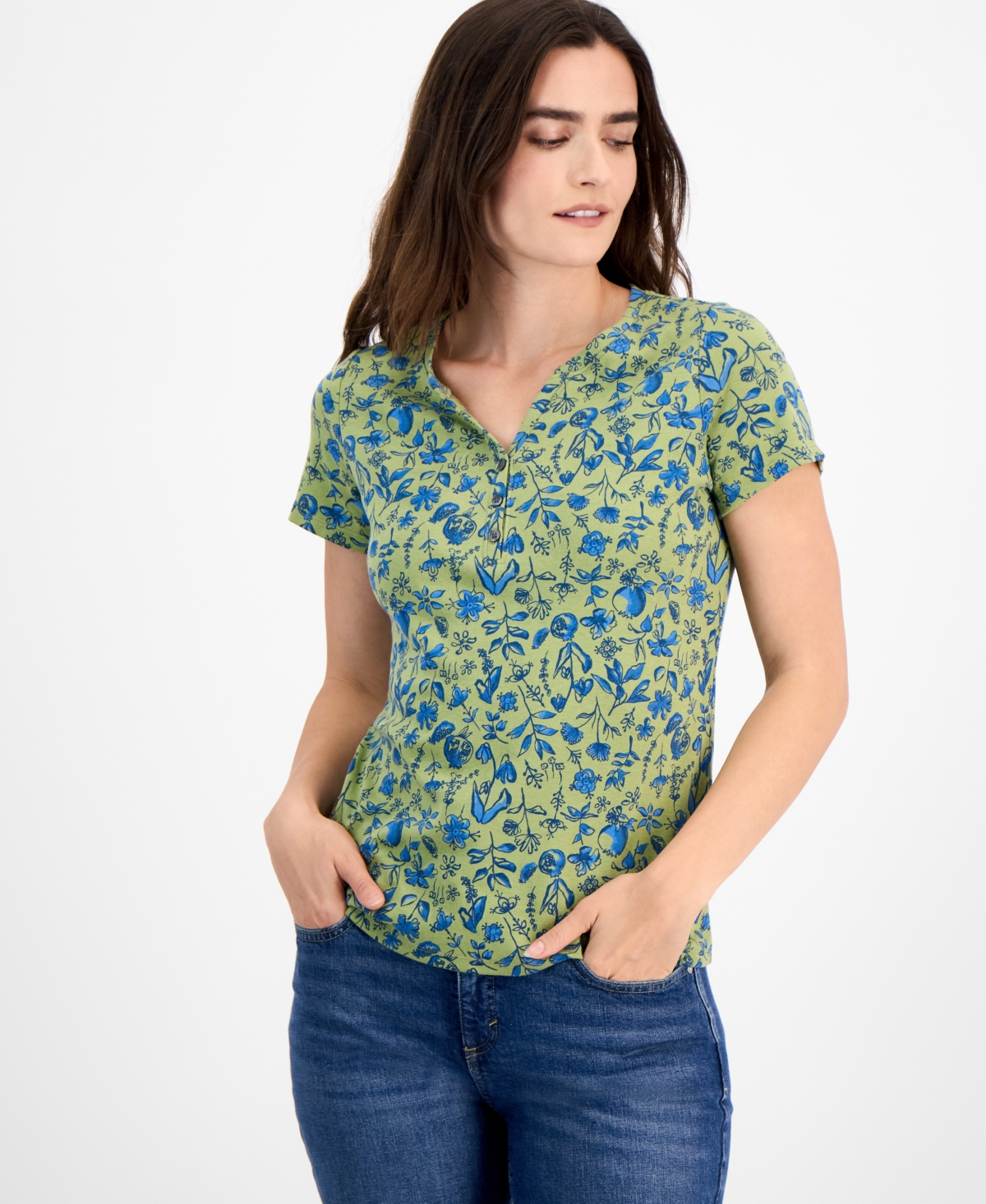 Women's Printed Short-Sleeve Henley T-Shirt, Exclusively at Macy's - Floral Green