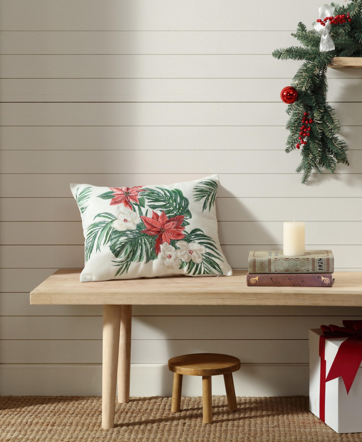Tommy Bahama Home Festive Palms Felt Decorative Pillow, 15" X 20" In Ivory,red,green