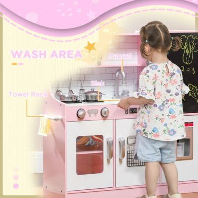 Play Kitchen, Kids Kitchen Playset w/ Play Phone & Chalkboard,