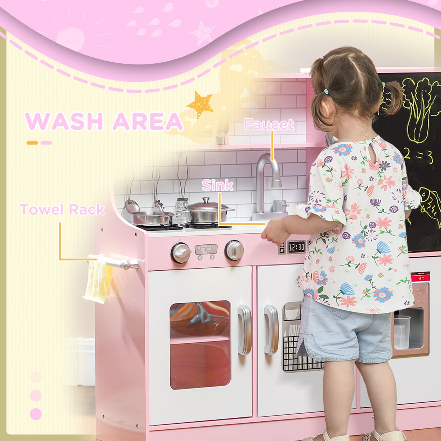 Детские игрушки Qaba Chalkboard Toy Phone Play Kitchen with 5-Piece Accessory Set, Ages 3+, цвет: Розовый — фото 4