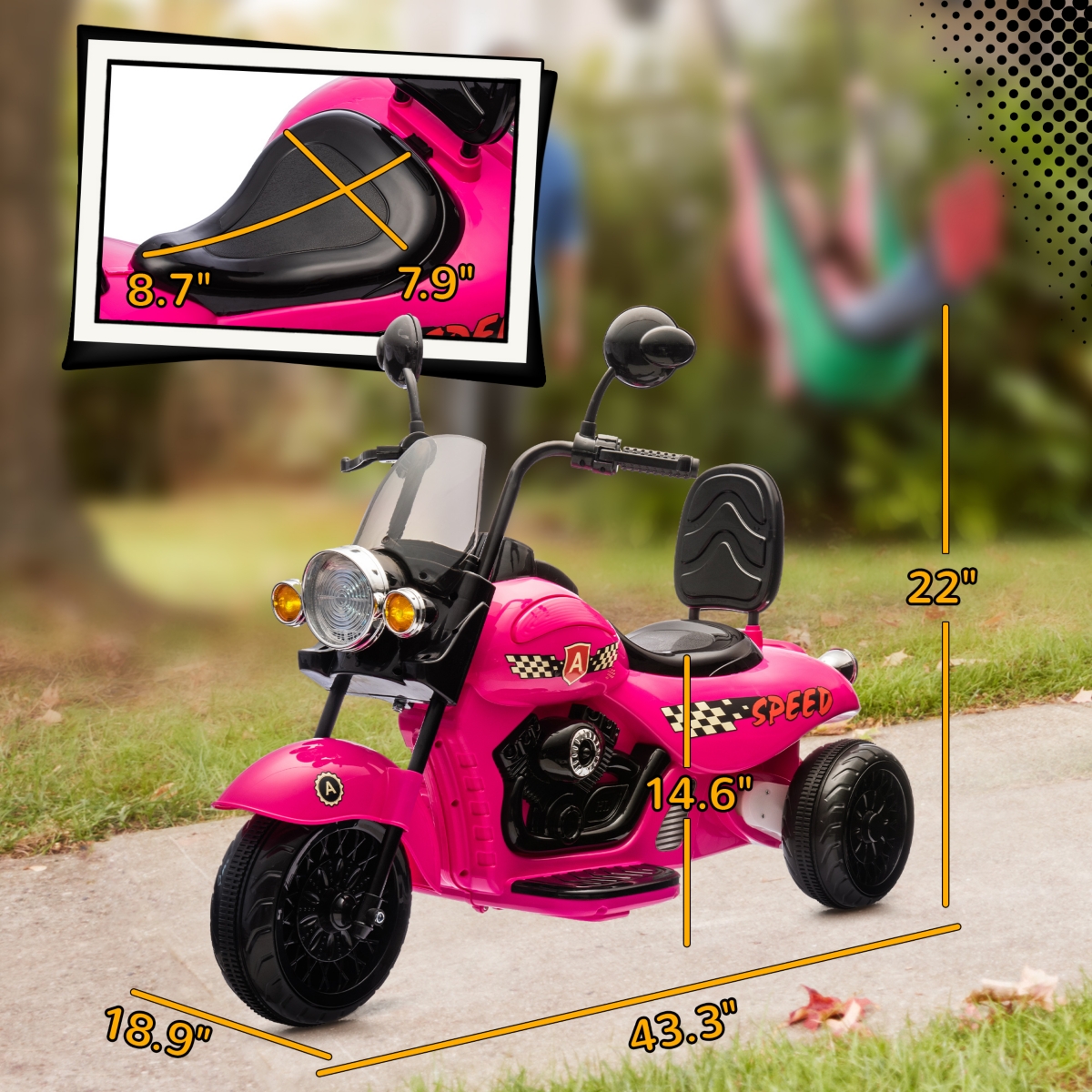 Qaba 6V 3 Wheels Electric Motorcycle for Kids w/ Headlights, Music,- Pink