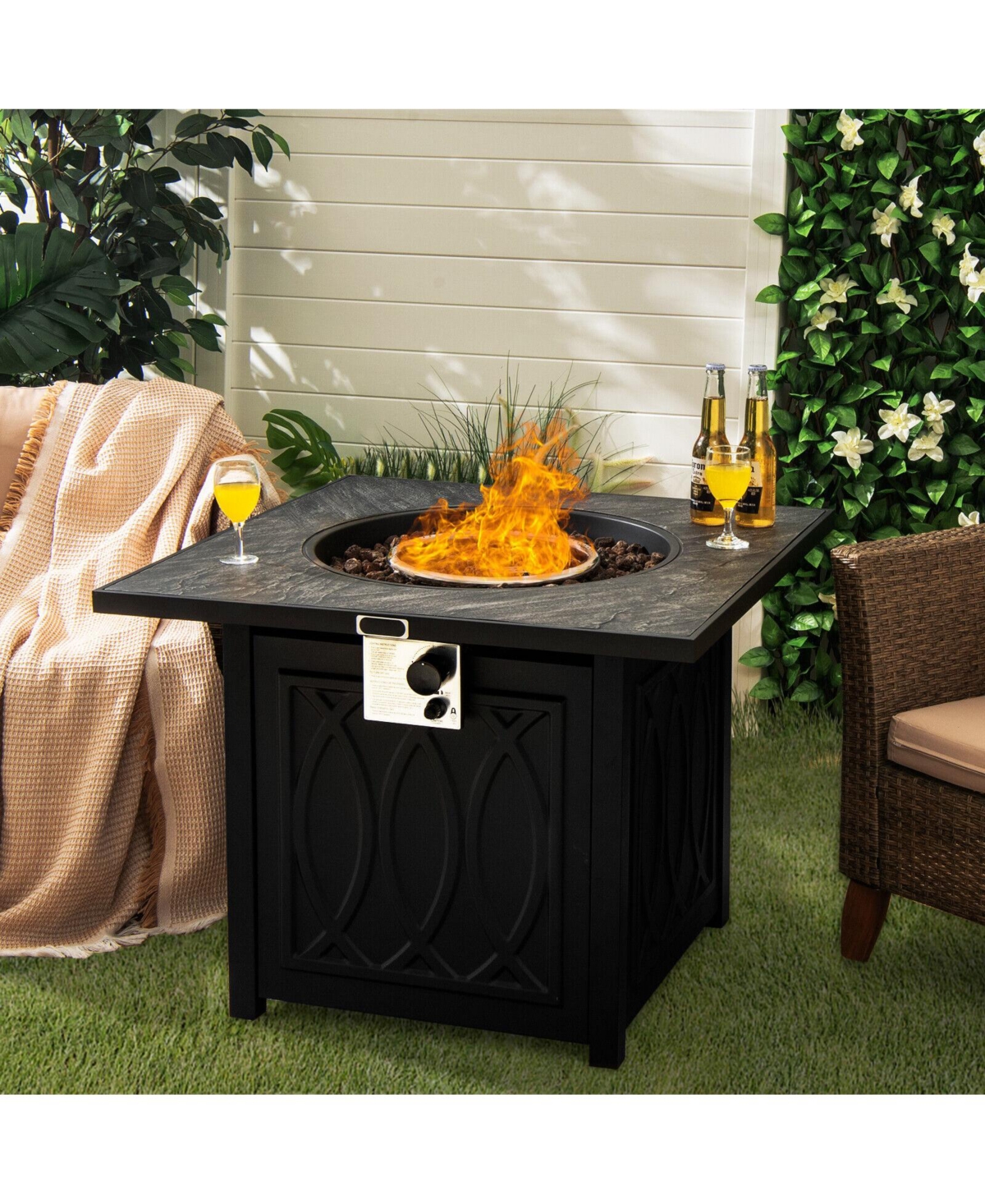 Givimo Propane Fire Pit Table Square Tabletop with Lava Rocks Cover 50000 Btu