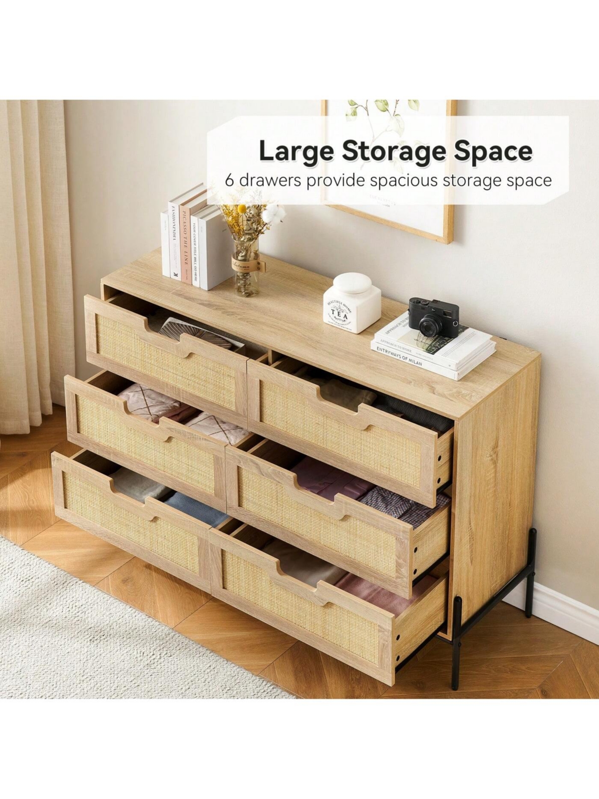 gaomon 6 Drawers Dresser For Bedroom, Natural Rattan Drawer With Spacious Storage, Wood Chest Of Drawers With Metal Legs For Bedroom, Living Room, Hal