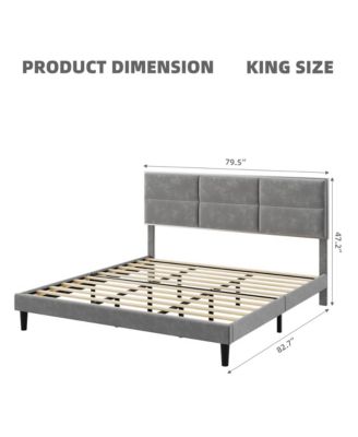 Bed Frame, King Bed Frame Upholstered Platform with Square Velvet Headboard