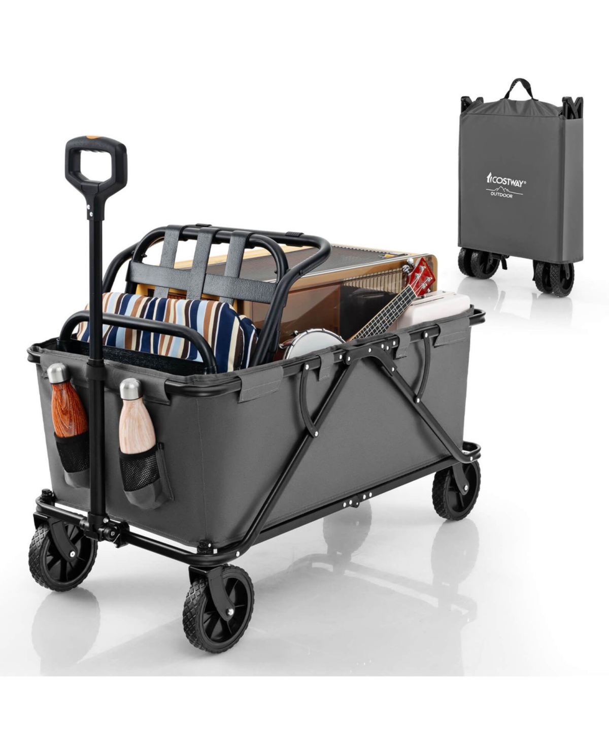 Costway Heavy-Duty Wagon Cart with Adjustable Handlebar Bottle Holders & Storage Pocket