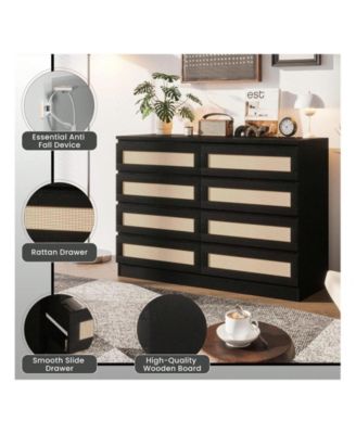 8 Drawer Double Dresser For Bedroom, Rattan Chest Of Dressers, Modern Wooden Dresser Chest