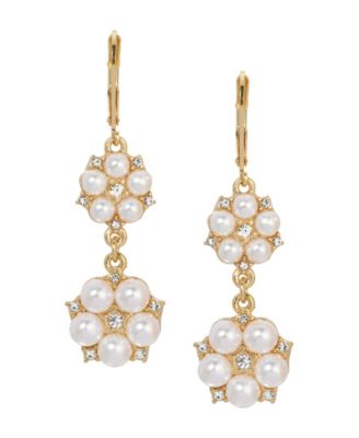 Faux Cultivated Pearl Crystal Accent Double Flower Drop Earrings