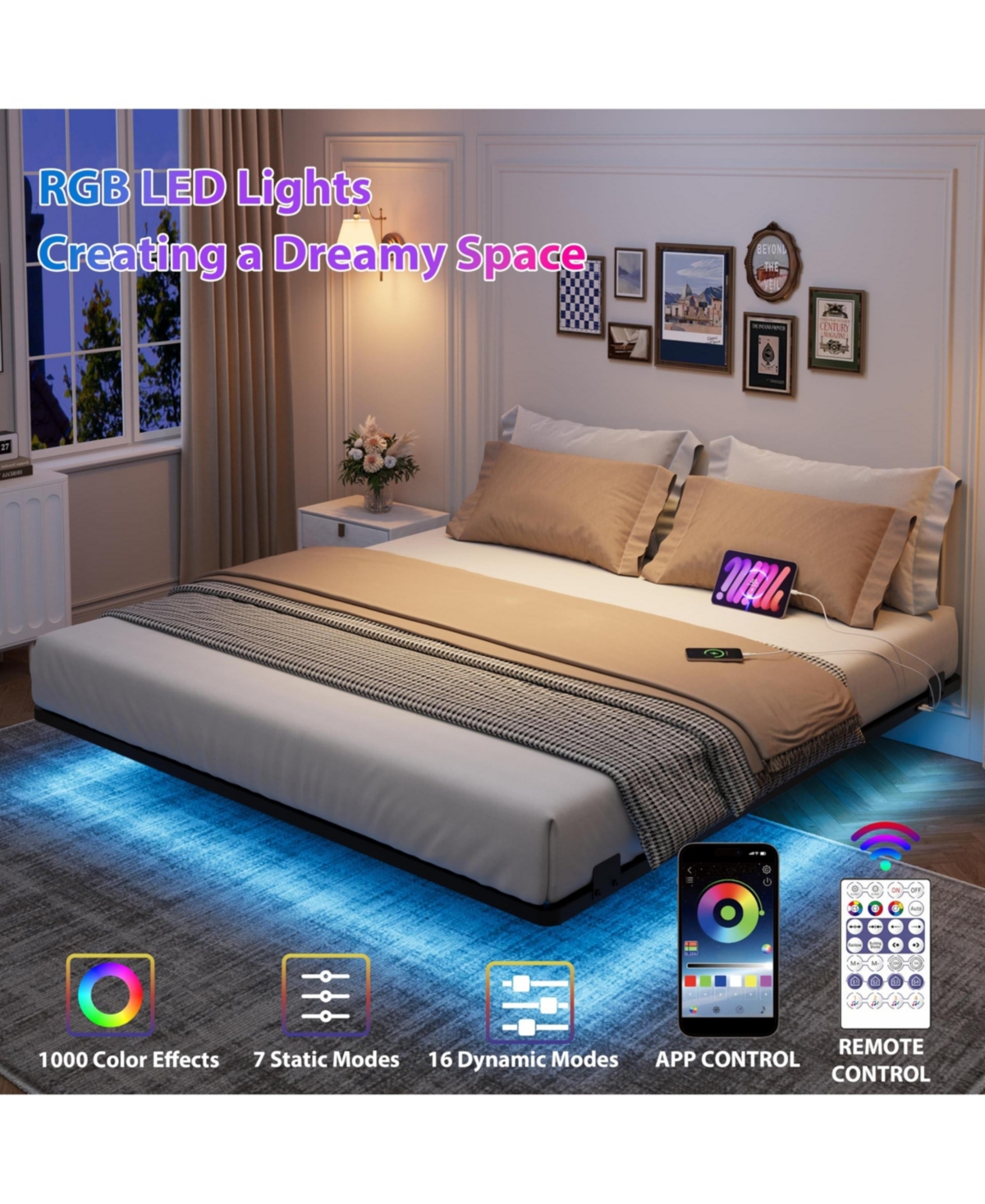 gaomon Floating Bed Frame, Size Bed Frame with Led Lights, Charging Station, Metal Platform Bed Frame