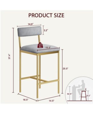  2 Pc. Gray Velvet Upholstered 25.5" Metal Frame Footrest Counter Height Barstools with Back