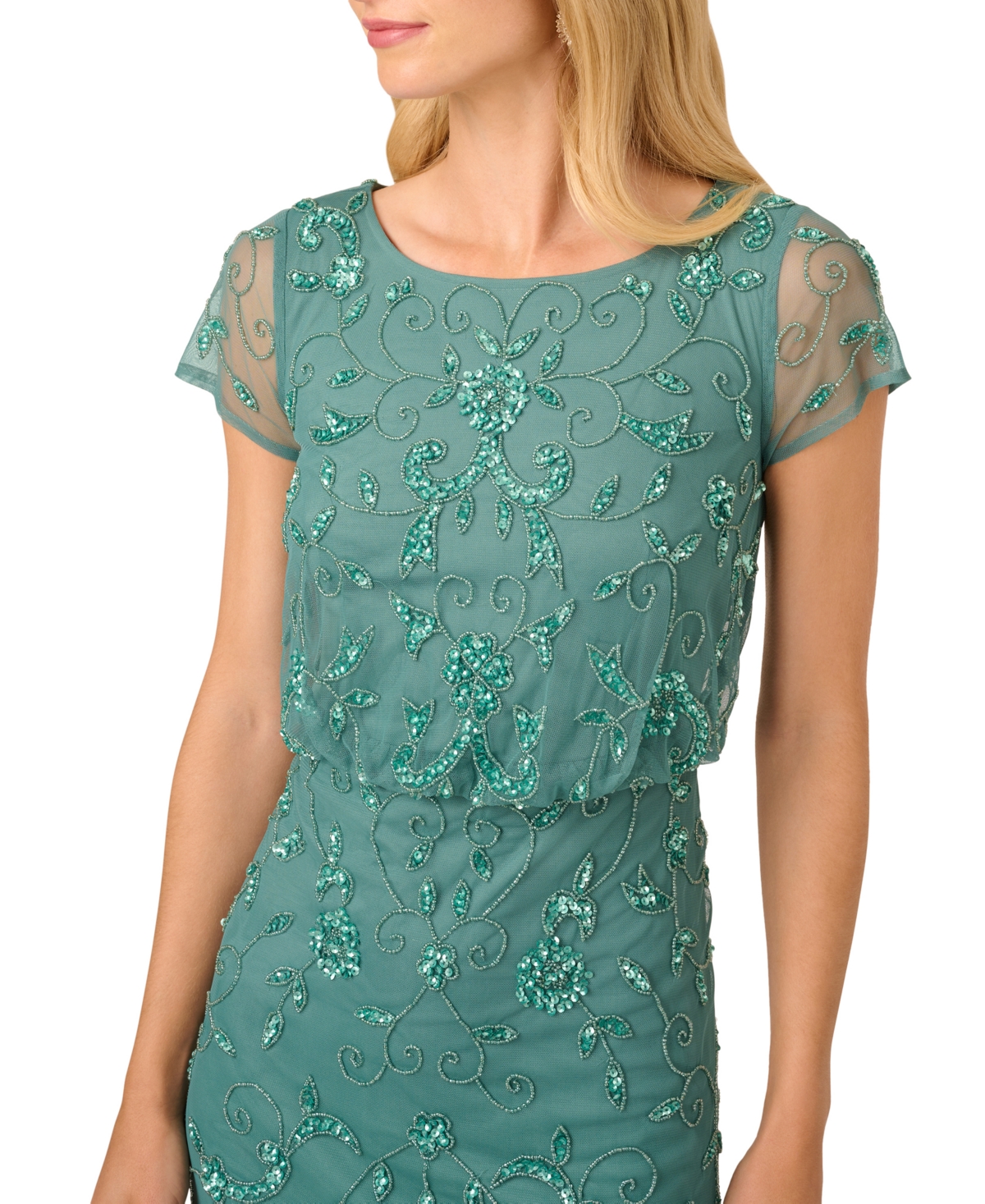 Shop Adrianna Papell Women's Boat-neck Short-sleeve Beaded Blouson Gown In Green Slate