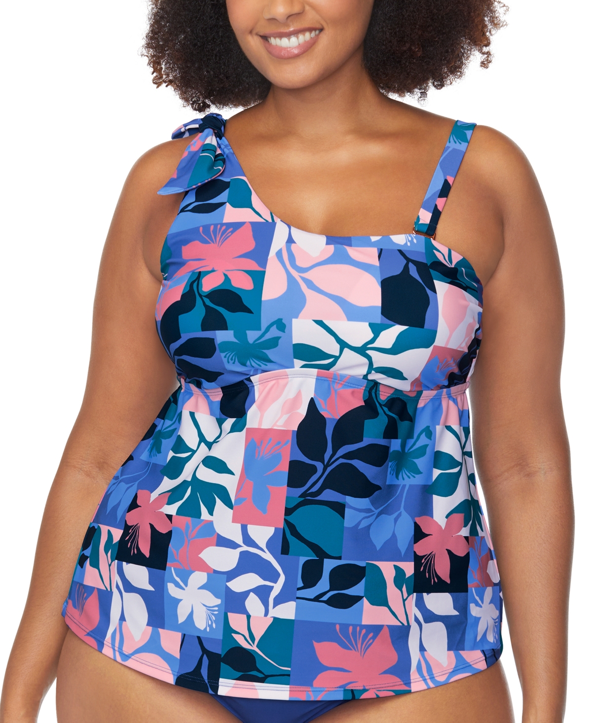 Raisins Curve Trendy Plus Marita Printed One-shoulder Tankini In Slate Multi