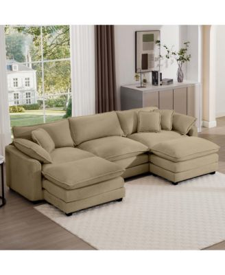 Oversized Modular Cushion Sofa, Portable Ottoman, L-Shaped Corner Low Back Deep Seating Spacious Sofa Set and Sofa Bed for Home Apartment Living Room Set, Tan Corduroy