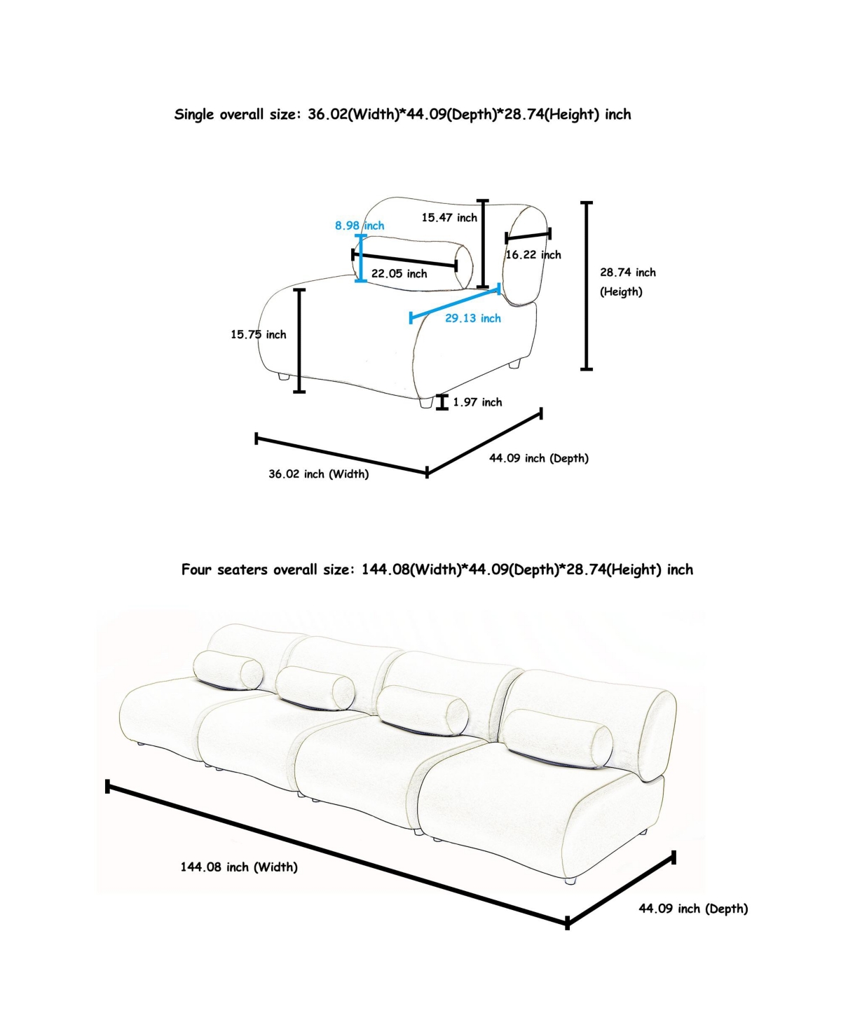 Streamdale Furniture Modern Oversized Modular Sofa Set – Chenille Fabric Living Room Sofa with Cylindrical Pillows, Freely Arrangeable, Perfect