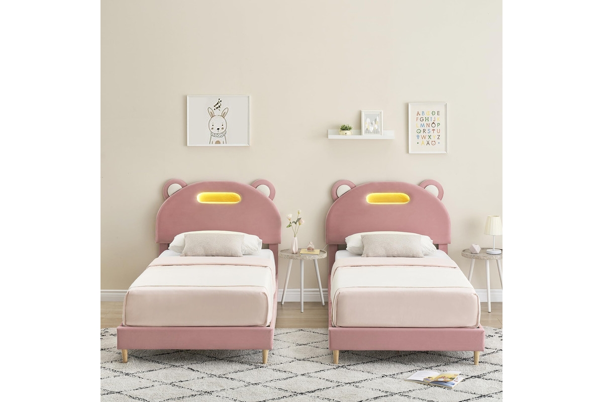 gaomon Led Twin Bed Frame withPink Upholstered Adjustable Headboard, Velvet Platform, Wooden Slat Support, Noise-Free Construction, No Box Spri