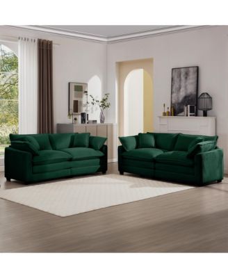 Modern Fabric Living Room Sofa Two Piece Set, Two 2-Seater Sofas with 8 Cushion Upholstery Large Deep Seat Recliner, Green Corduroy Fabric