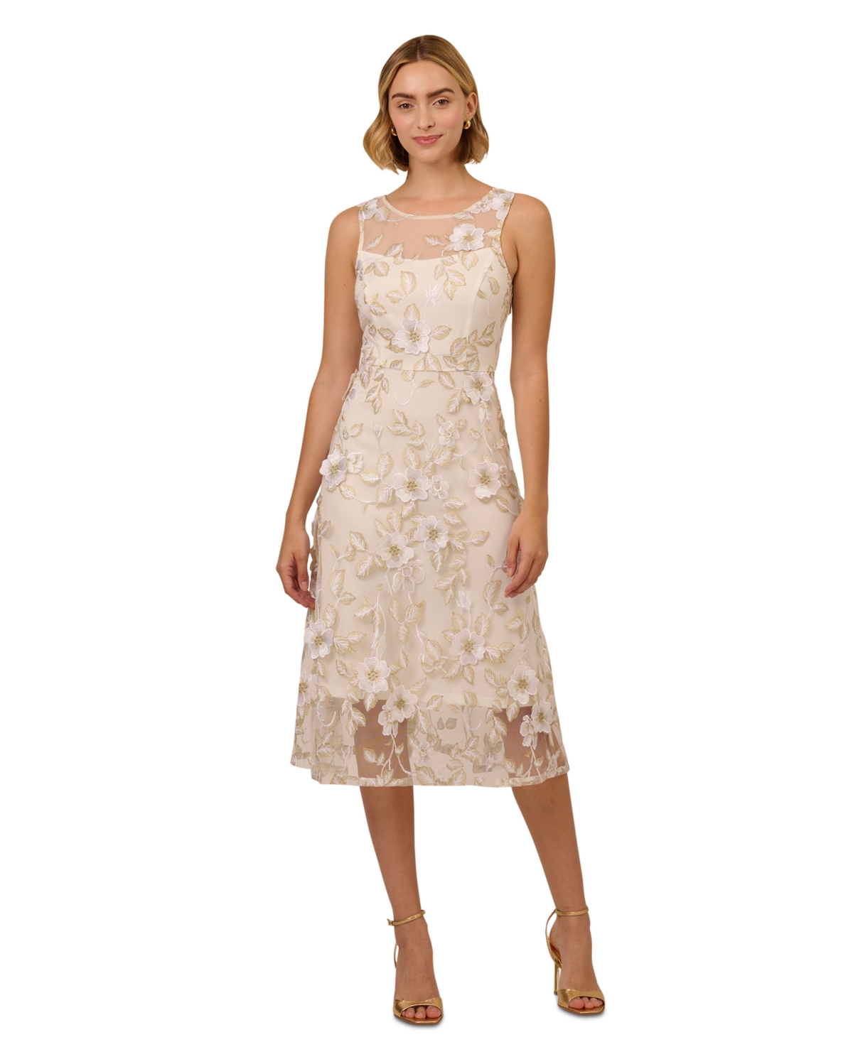 ADRIANNA PAPELL WOMEN'S FLORAL EMBROIDERY ILLUSION FIT & FLARE MIDI DRESS 